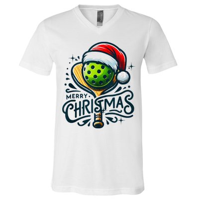 Merry Christmas Pickleball Pickle Ball and Paddle Santa Hat V-Neck T-Shirt