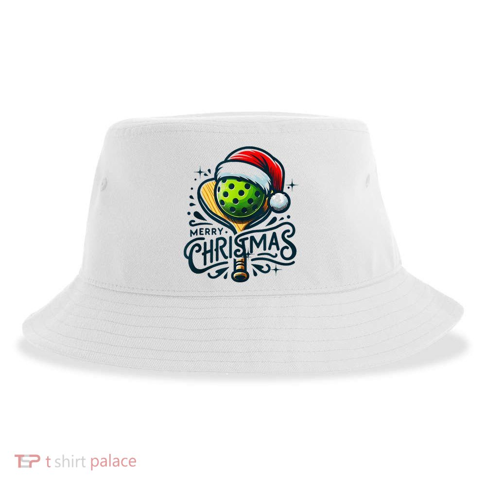 Merry Christmas Pickleball Pickle Ball and Paddle Santa Hat Sustainable Bucket Hat