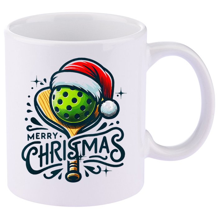 Merry Christmas Pickleball Pickle Ball and Paddle Santa Hat 11oz C Handle Ceramic Mug