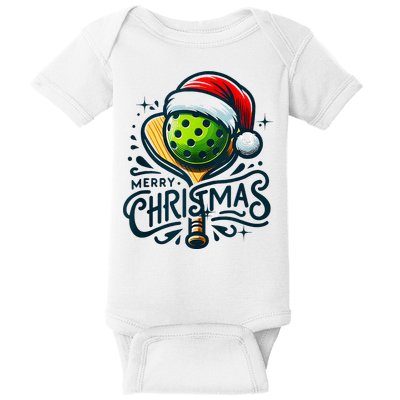 Merry Christmas Pickleball Pickle Ball and Paddle Santa Hat Baby Bodysuit
