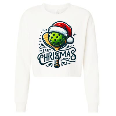Merry Christmas Pickleball Pickle Ball and Paddle Santa Hat Cropped Pullover Crew