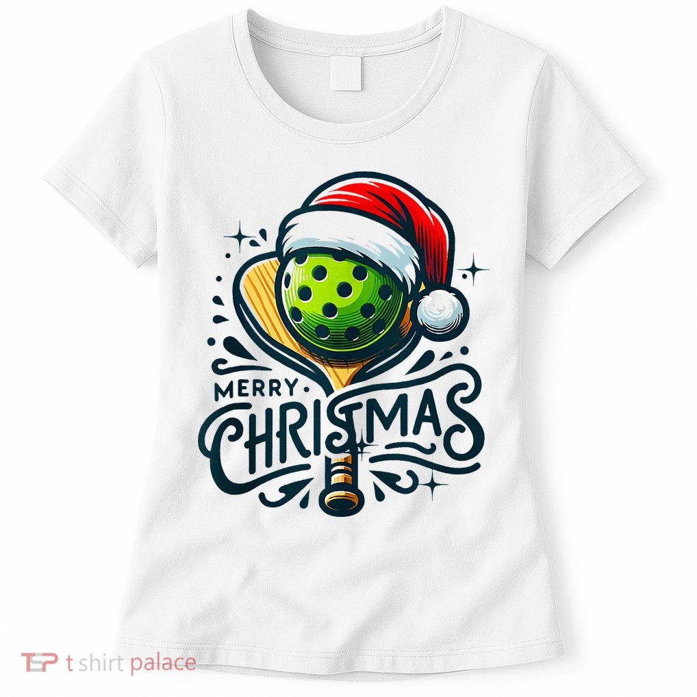 Merry Christmas Pickleball Pickle Ball and Paddle Santa Hat Womens T-Shirt