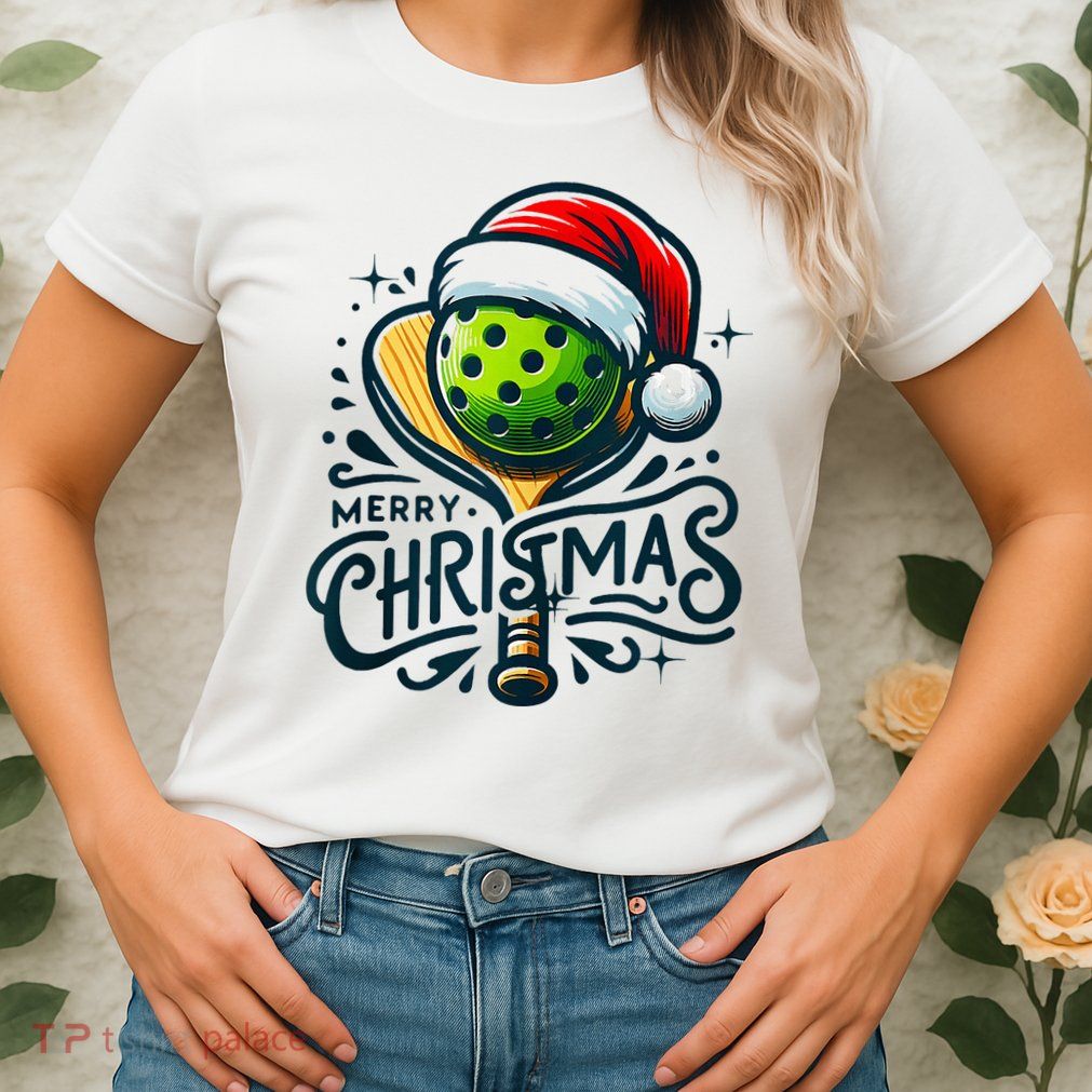 Merry Christmas Pickleball Pickle Ball and Paddle Santa Hat Womens T-Shirt