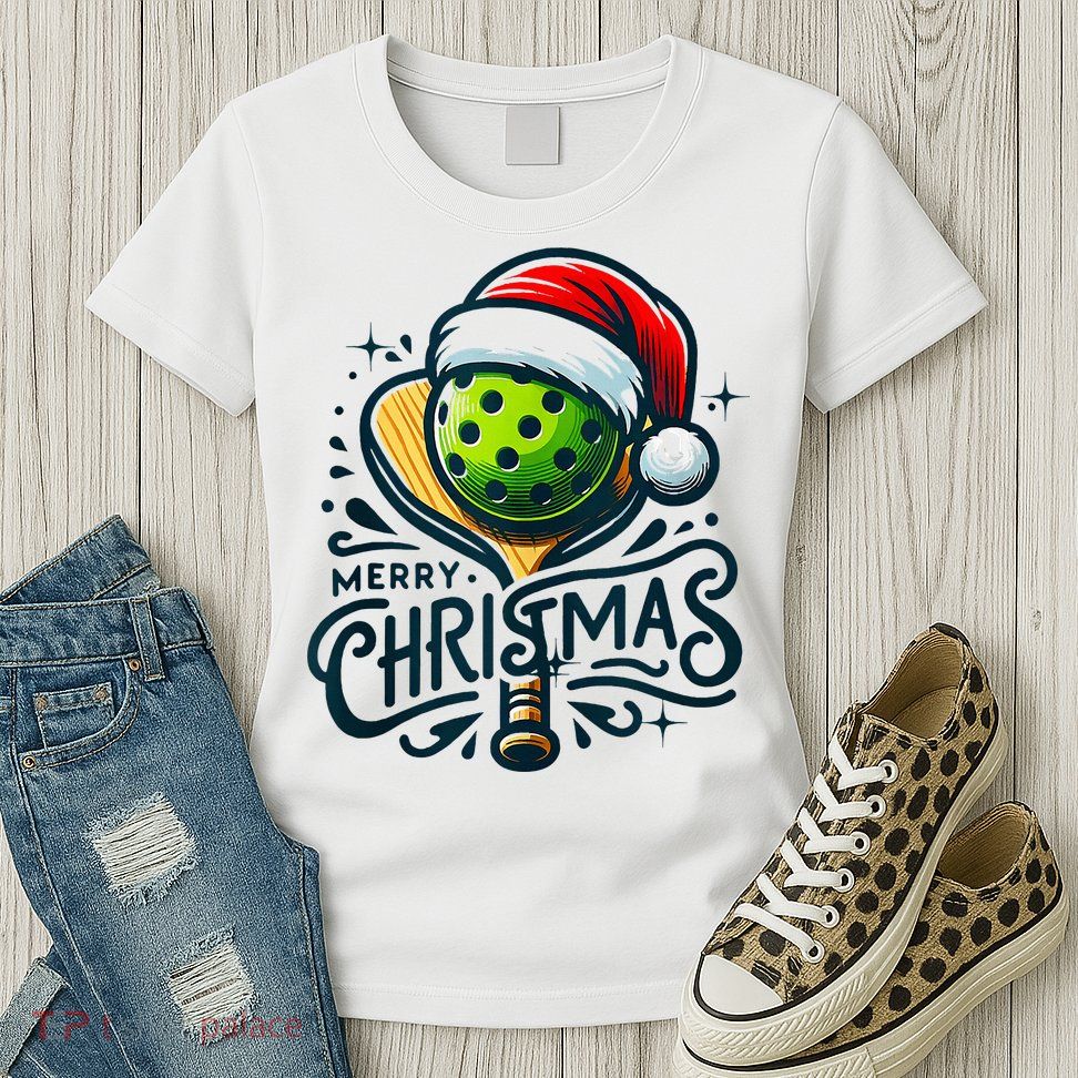 Merry Christmas Pickleball Pickle Ball and Paddle Santa Hat Womens T-Shirt