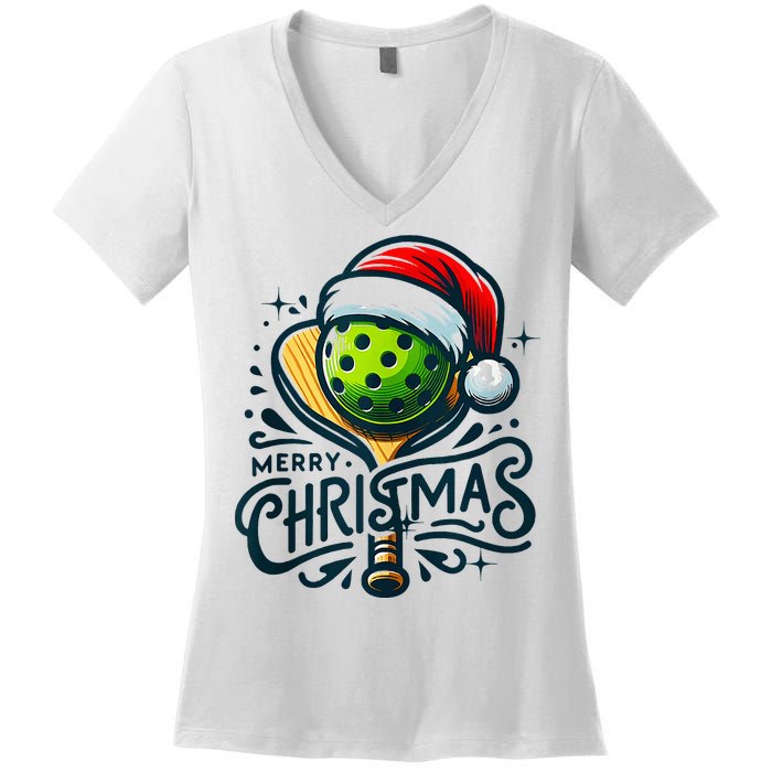 Merry Christmas Pickleball Pickle Ball and Paddle Santa Hat Women's V-Neck T-Shirt