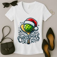 Merry Christmas Pickleball Pickle Ball and Paddle Santa Hat Women's V-Neck T-Shirt