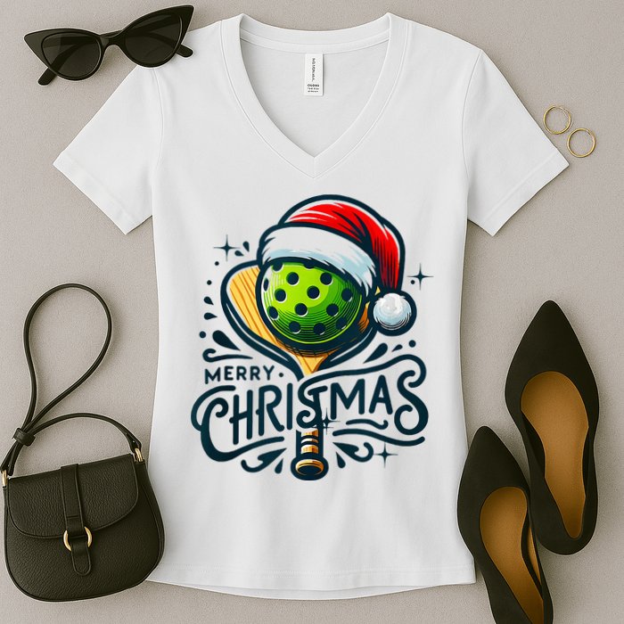 Merry Christmas Pickleball Pickle Ball and Paddle Santa Hat Women's V-Neck T-Shirt