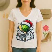 Merry Christmas Pickleball Pickle Ball and Paddle Santa Hat Women's V-Neck T-Shirt