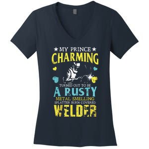 My Charming Prince Is A Welder Welding Gear Welder Wife Premium Women's V-Neck T-Shirt