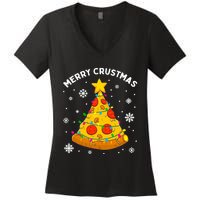 Merry Crustmas Pizza Christmas Tree Xmas Gifts Long Sleeve Women's V-Neck T-Shirt