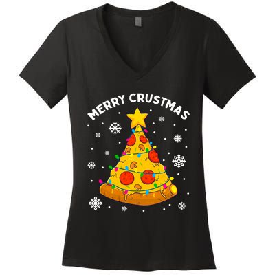 Merry Crustmas Pizza Christmas Tree Xmas Gifts Long Sleeve Women's V-Neck T-Shirt