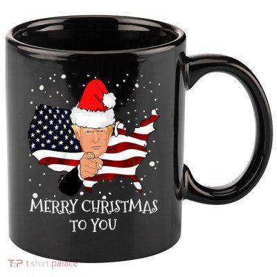 Merry Christmas President Trump Santa Hat America Flag 11oz C Handle Ceramic Mug
