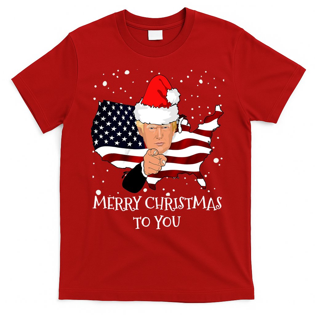 Merry Christmas President Trump Santa Hat America Flag T-Shirt