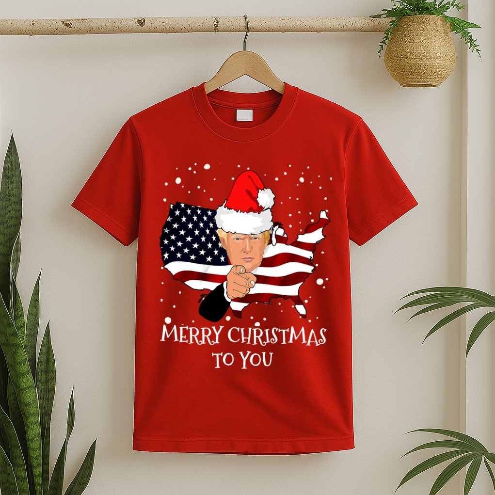 Merry Christmas President Trump Santa Hat America Flag T-Shirt