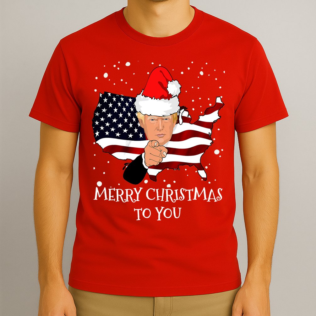 Merry Christmas President Trump Santa Hat America Flag T-Shirt