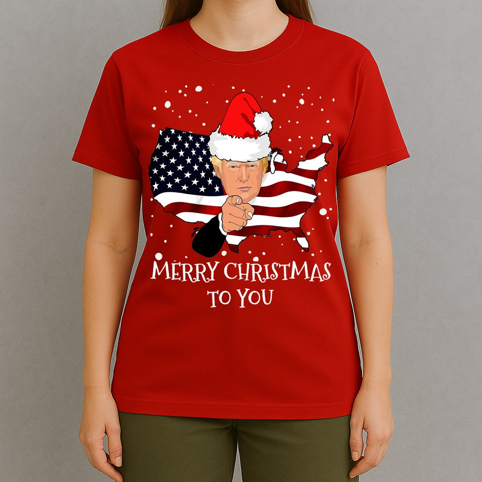 Merry Christmas President Trump Santa Hat America Flag T-Shirt