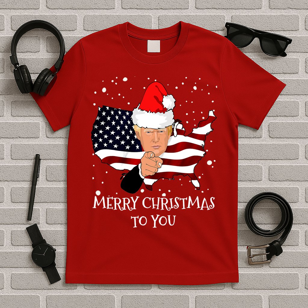 Merry Christmas President Trump Santa Hat America Flag T-Shirt