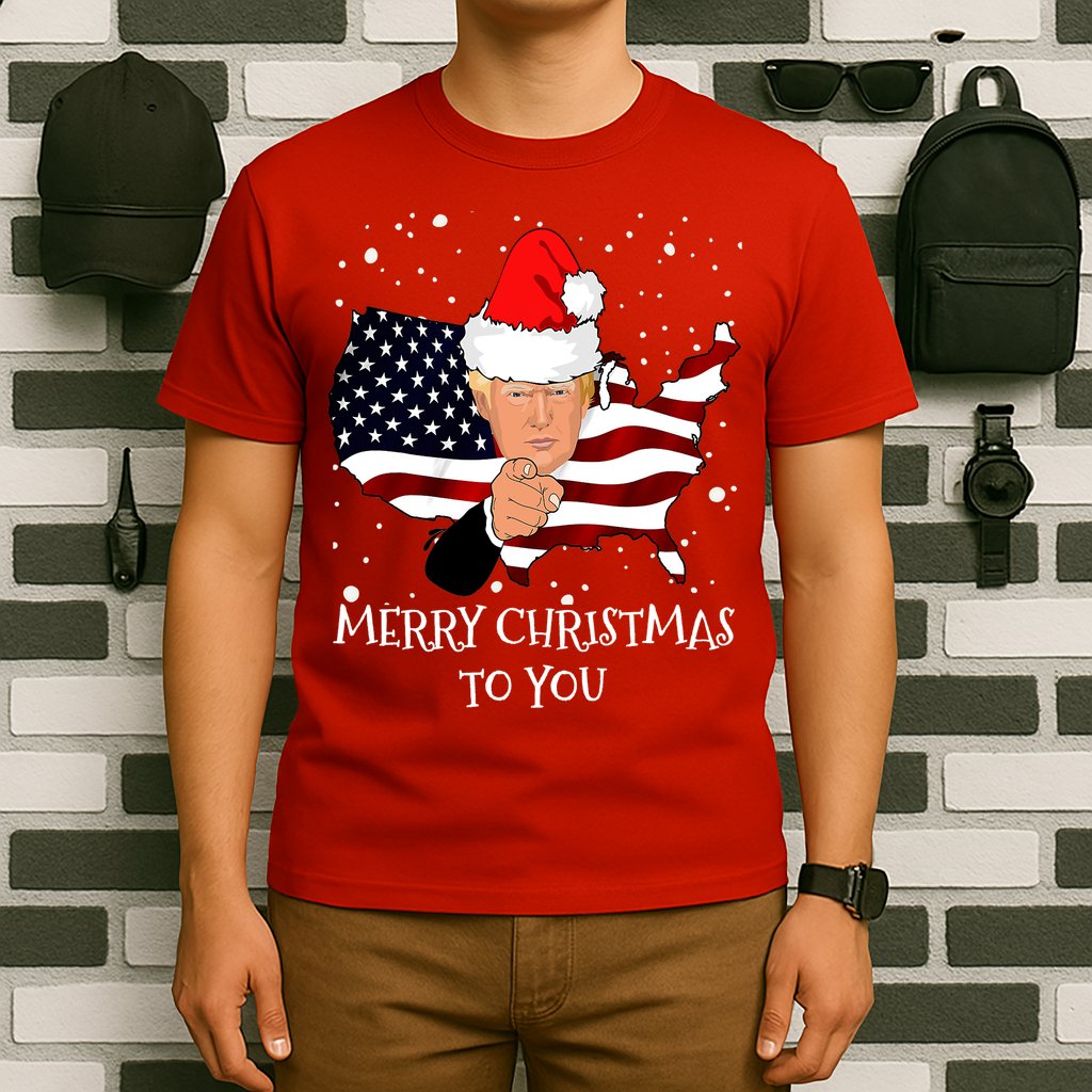 Merry Christmas President Trump Santa Hat America Flag T-Shirt