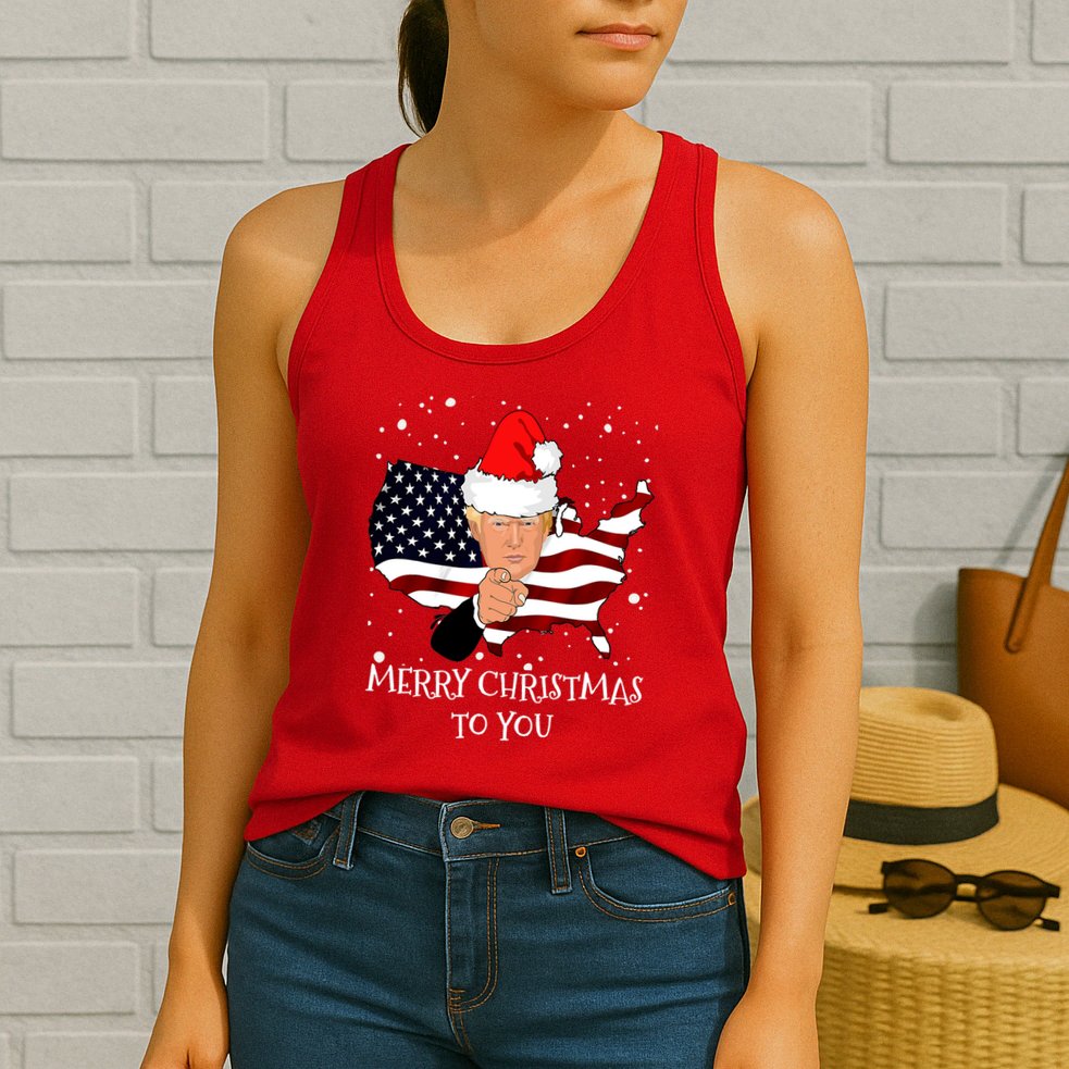 Merry Christmas President Trump Santa Hat America Flag Womens Tank Top