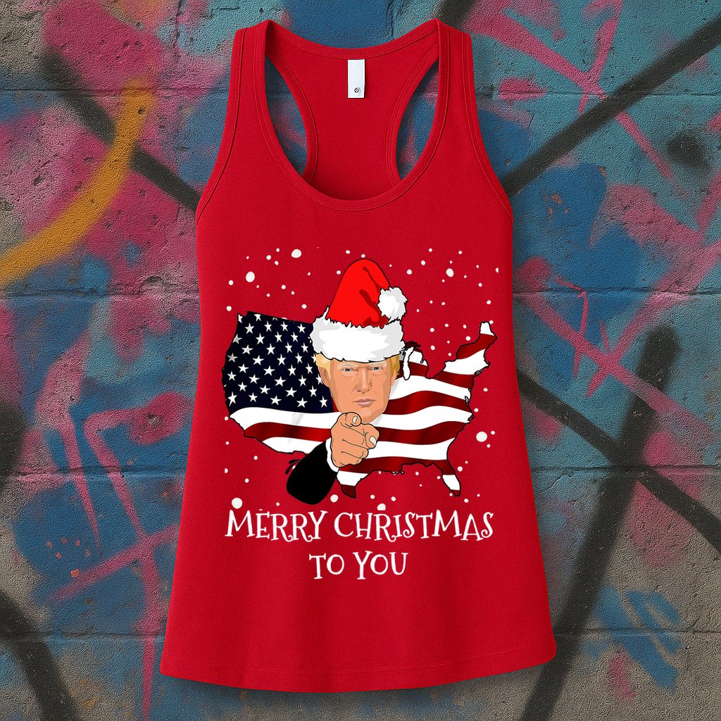 Merry Christmas President Trump Santa Hat America Flag Womens Tank Top