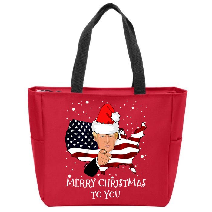 Merry Christmas President Trump Santa Hat America Flag Zip Tote Bag