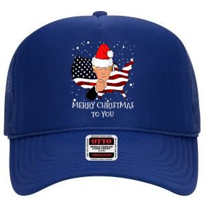 Merry Christmas President Trump Santa Hat America Flag High Crown Mesh Back Trucker Hat