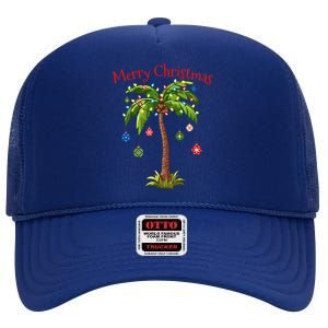 Merry Christmas Palm Tree Light Hawaiian Tropical Christmas  High Crown Mesh Back Trucker Hat