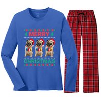 Merry Christmas Pug Puppy Cute Xmas Pug Lover Funny Gift Women's Long Sleeve Flannel Pajama Set 