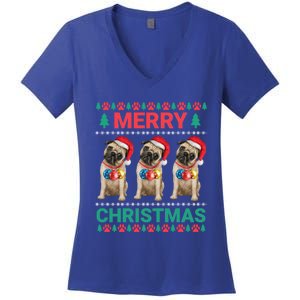 Merry Christmas Pug Puppy Cute Xmas Pug Lover Funny Gift Women's V-Neck T-Shirt