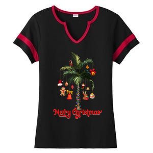 Merry Christmas Palm Tree Light Hawaiian Tropical Christmas Funny Gift Ladies Halftime Notch Neck Tee