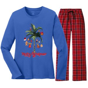 Merry Christmas Palm Tree Light Hawaiian Tropical Christmas Funny Gift Women's Long Sleeve Flannel Pajama Set 