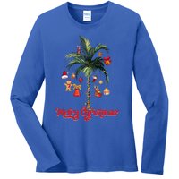 Merry Christmas Palm Tree Light Hawaiian Tropical Christmas Funny Gift Ladies Long Sleeve Shirt