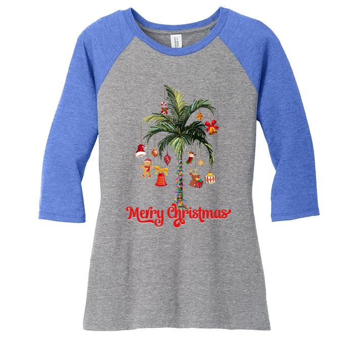 Merry Christmas Palm Tree Light Hawaiian Tropical Christmas Funny Gift Women's Tri-Blend 3/4-Sleeve Raglan Shirt