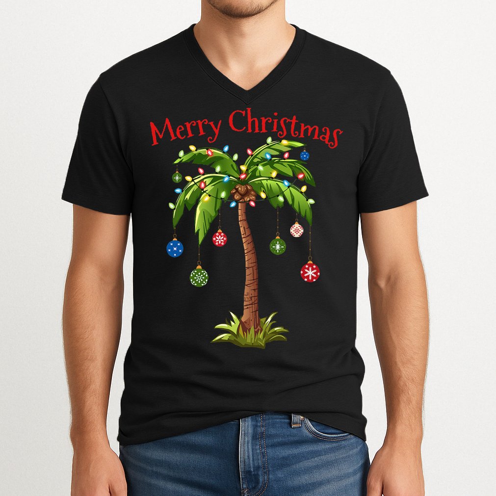Merry Christmas Palm Tree Light Hawaiian Tropical Christmas V-Neck T-Shirt