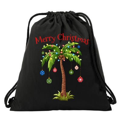 Merry Christmas Palm Tree Light Hawaiian Tropical Christmas Drawstring Bag