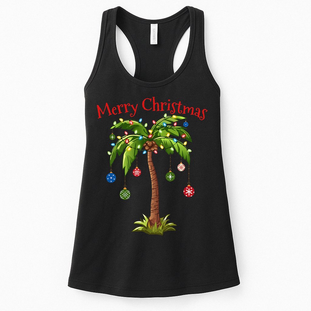 Merry Christmas Palm Tree Light Hawaiian Tropical Christmas Womens Tank Top