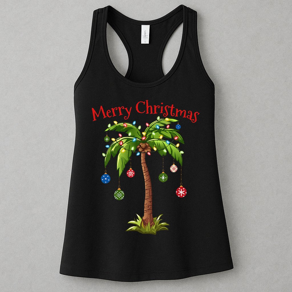Merry Christmas Palm Tree Light Hawaiian Tropical Christmas Womens Tank Top