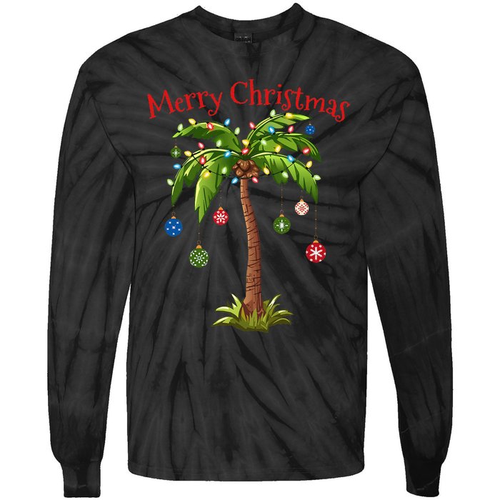 Merry Christmas Palm Tree Light Hawaiian Tropical Christmas Tie-Dye Long Sleeve Shirt