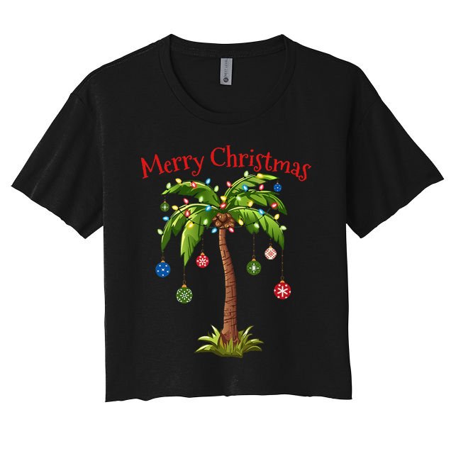 Merry Christmas Palm Tree Light Hawaiian Tropical Christmas Women's Crop Top Tee