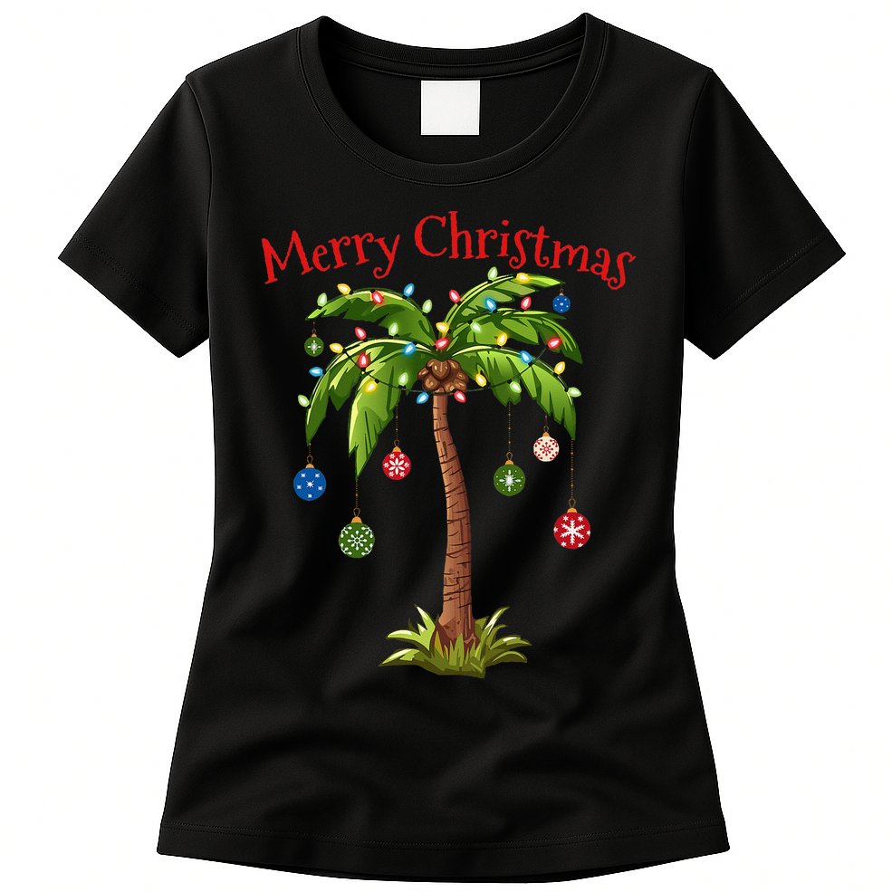 Merry Christmas Palm Tree Light Hawaiian Tropical Christmas Womens T-Shirt