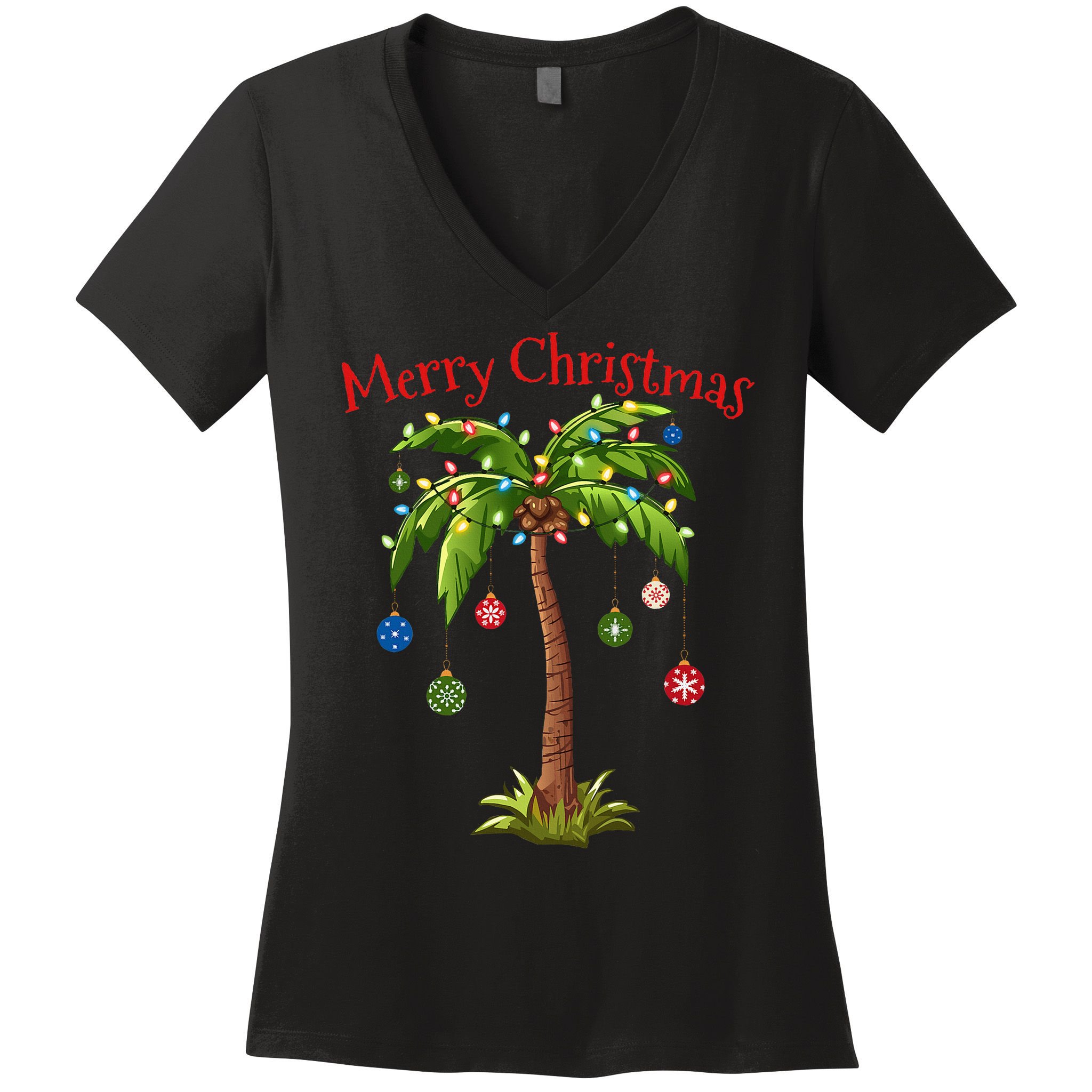 Merry Christmas Palm Tree Light Hawaiian Tropical Christmas Women's V-Neck T-Shirt