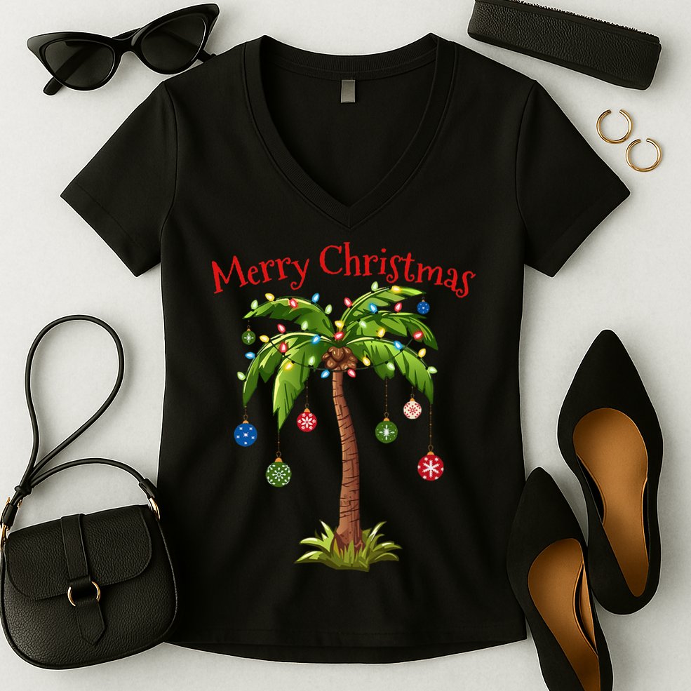 Merry Christmas Palm Tree Light Hawaiian Tropical Christmas Women's V-Neck T-Shirt