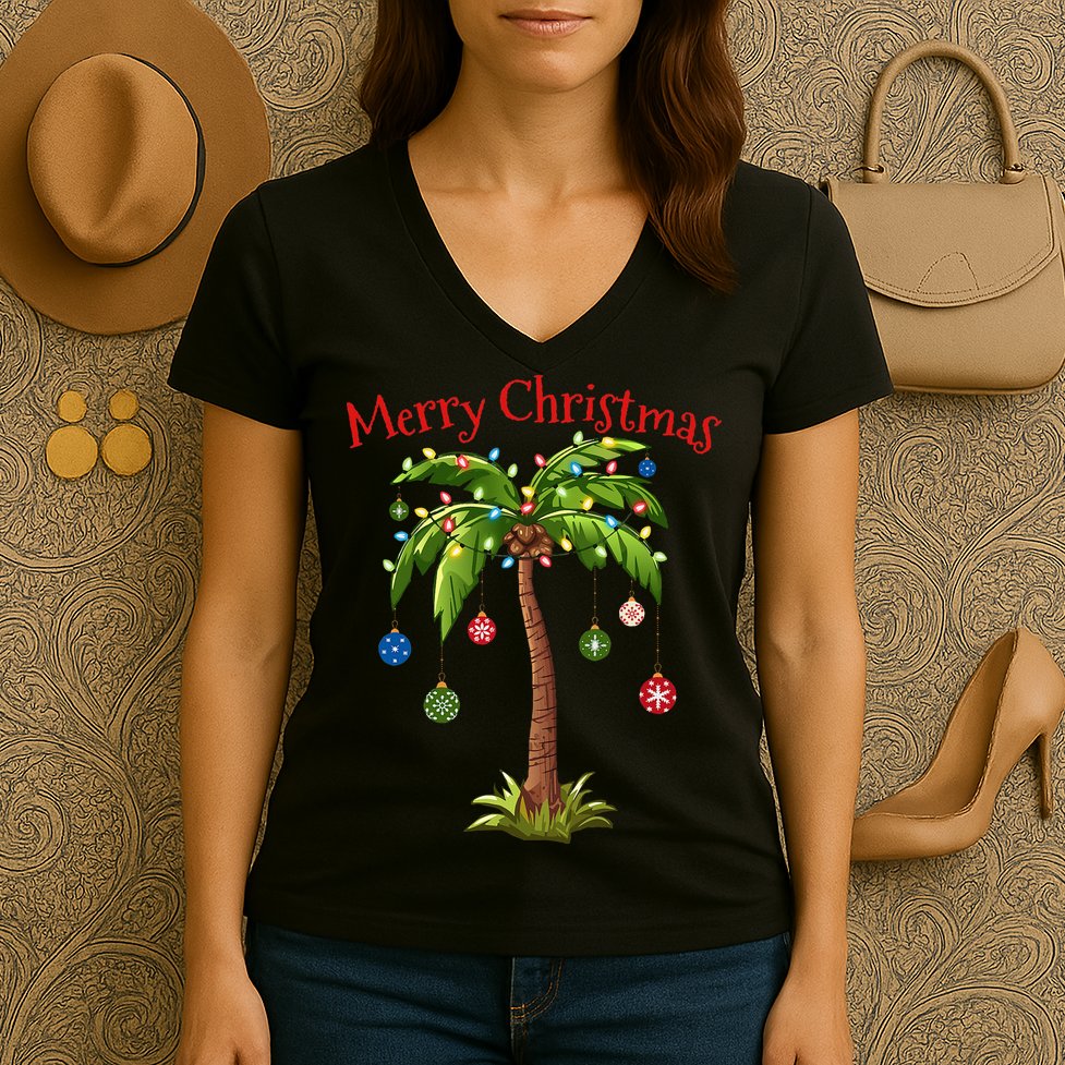 Merry Christmas Palm Tree Light Hawaiian Tropical Christmas Women's V-Neck T-Shirt