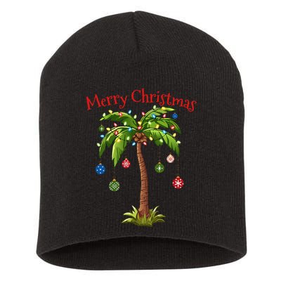 Merry Christmas Palm Tree Light Hawaiian Tropical Christmas Short Acrylic Beanie