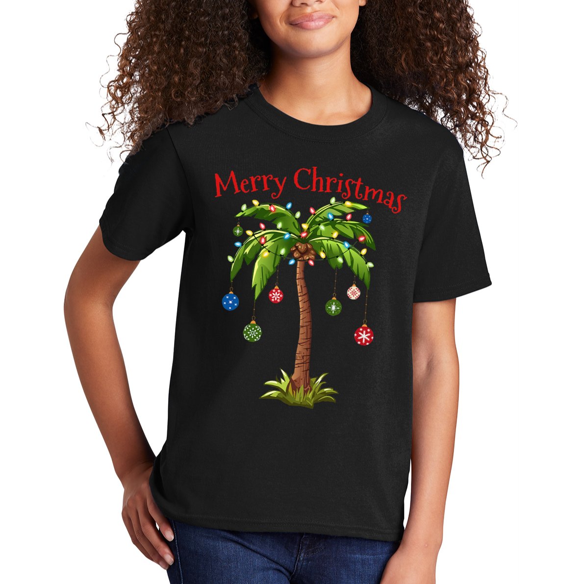 Merry Christmas Palm Tree Light Hawaiian Tropical Christmas Kids T-Shirt