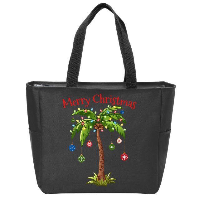 Merry Christmas Palm Tree Light Hawaiian Tropical Christmas Zip Tote Bag