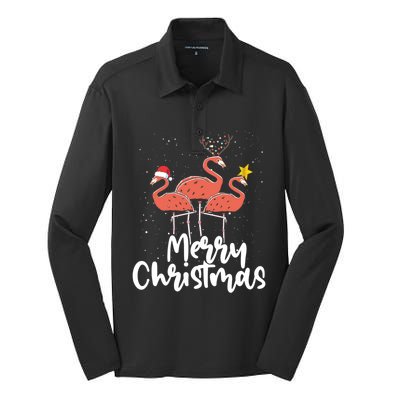 Merry Christmas Pink Flamingo Lover Xmas Wading Bird Cool Gift Silk Touch Performance Long Sleeve Polo