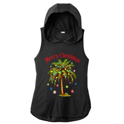 Merry Christmas Palm Tree Light Hawaiian Tropical Christmas Ladies PosiCharge Tri-Blend Wicking Draft Hoodie Tank