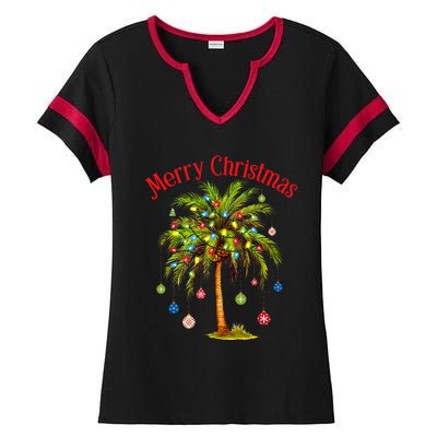 Merry Christmas Palm Tree Light Hawaiian Tropical Christmas Ladies Halftime Notch Neck Tee