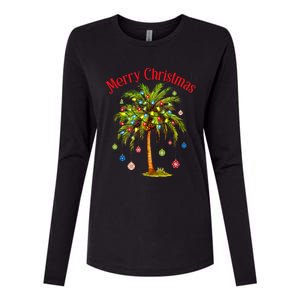 Merry Christmas Palm Tree Light Hawaiian Tropical Christmas Womens Cotton Relaxed Long Sleeve T-Shirt